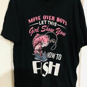 Gildan‎ Black Move Over Boys Girl Show How To Fish V Neck T Shirt Size XL NWOT